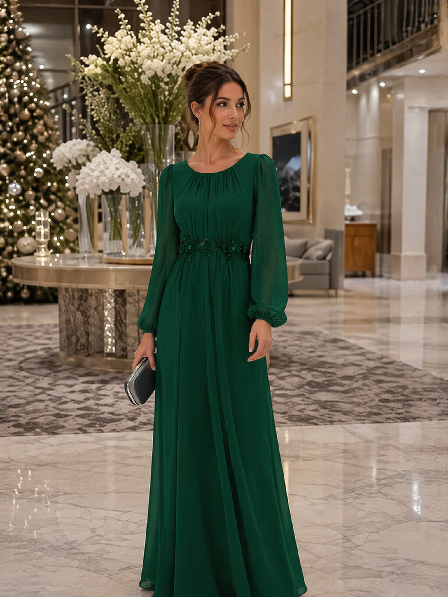 Chiffon Puff Sleeve A-Line Evening Dress