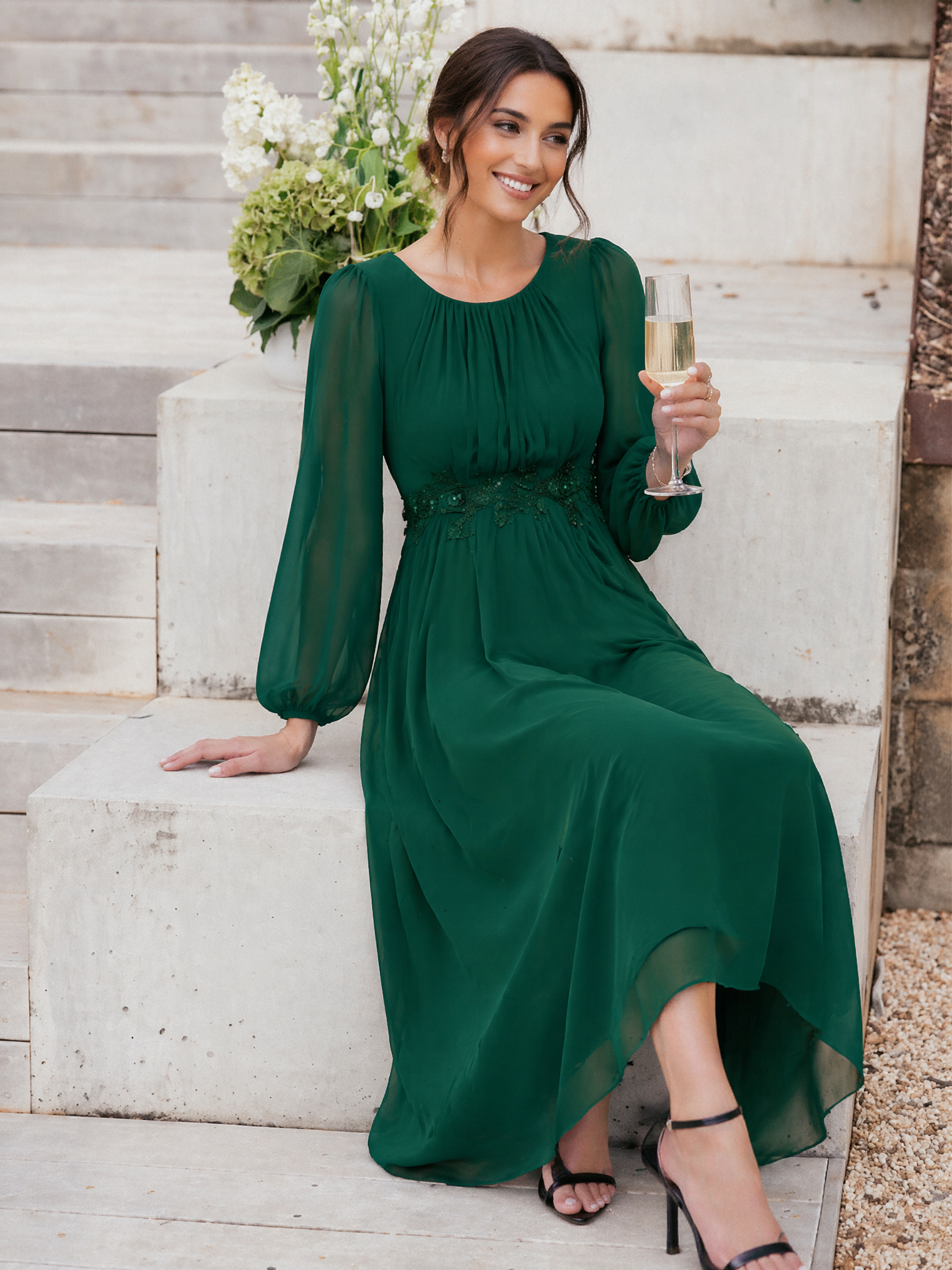 Chiffon Puff Sleeve A-Line Evening Dress