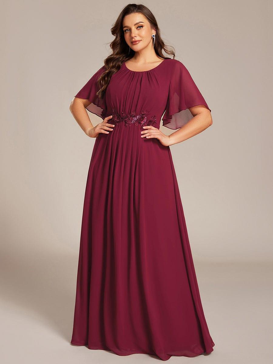 ever ASPYN|Short Sleeve Pleated Applique A-Line Floor-Length Formal Evening Dress
