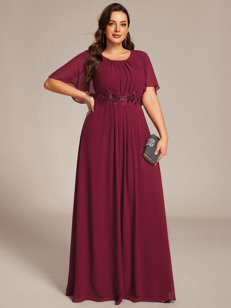 ever ASPYN|Short Sleeve Pleated Applique A-Line Floor-Length Formal Evening Dress