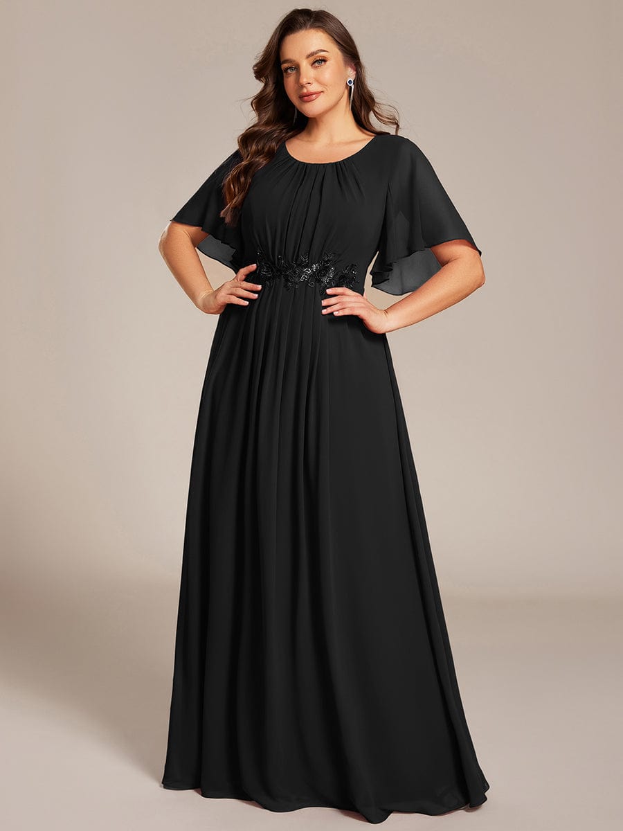 ever ASPYN|Short Sleeve Pleated Applique A-Line Floor-Length Formal Evening Dress