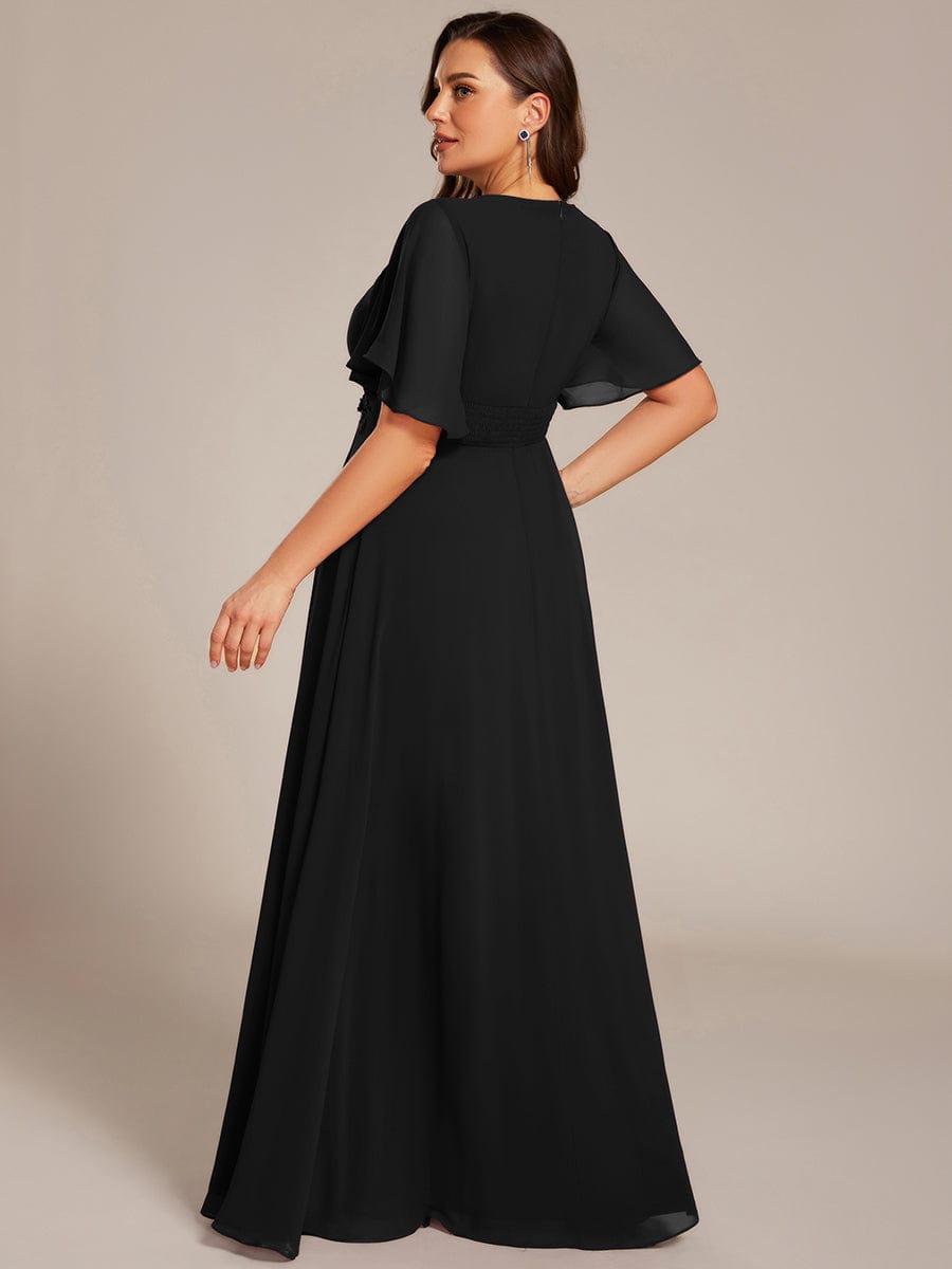 ever ASPYN|Short Sleeve Pleated Applique A-Line Floor-Length Formal Evening Dress
