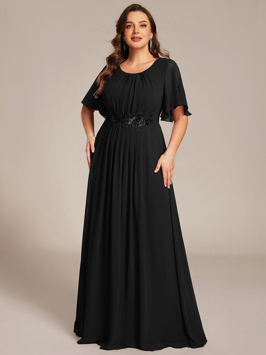 ever ASPYN|Short Sleeve Pleated Applique A-Line Floor-Length Formal Evening Dress
