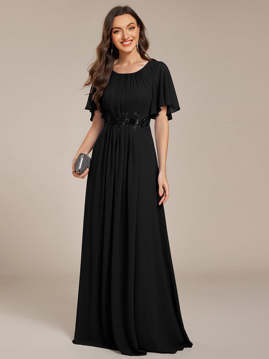 ever ASPYN|Short Sleeve Pleated Applique A-Line Floor-Length Formal Evening Dress