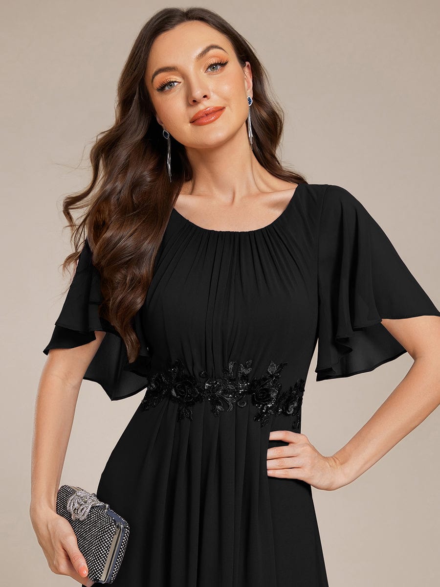ever ASPYN|Short Sleeve Pleated Applique A-Line Floor-Length Formal Evening Dress