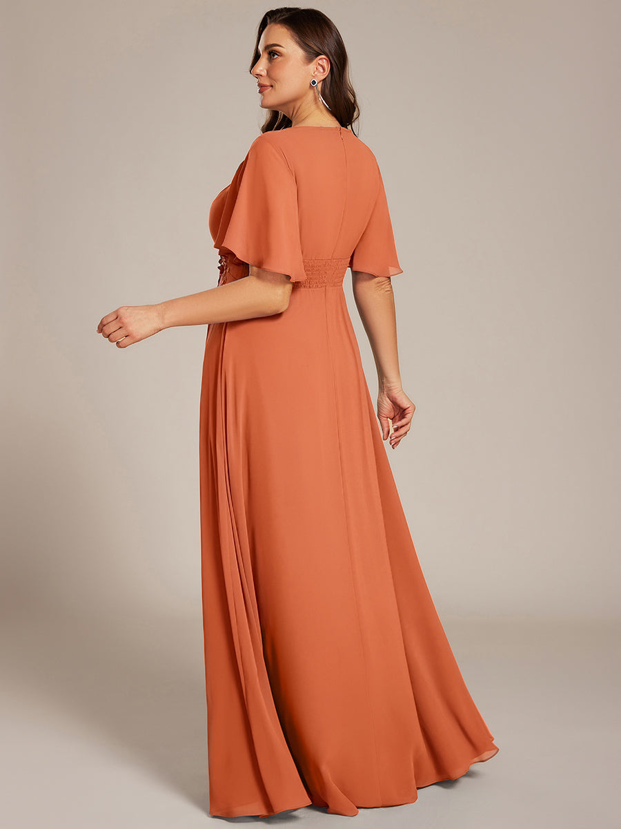 ever ASPYN|Short Sleeve Pleated Applique A-Line Floor-Length Formal Evening Dress