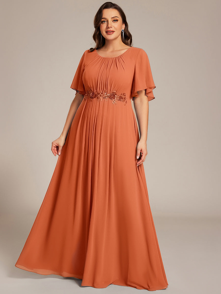 ever ASPYN|Short Sleeve Pleated Applique A-Line Floor-Length Formal Evening Dress