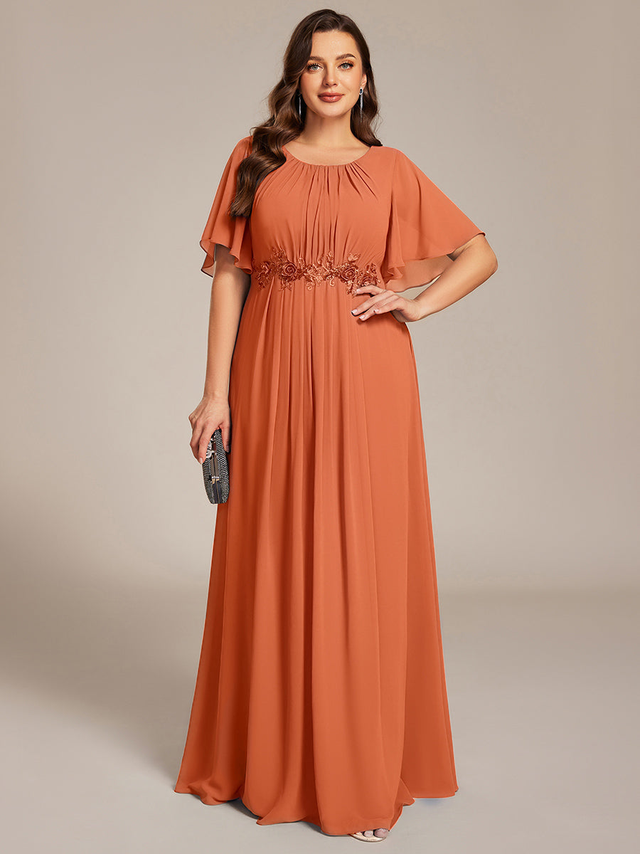 ever ASPYN|Short Sleeve Pleated Applique A-Line Floor-Length Formal Evening Dress