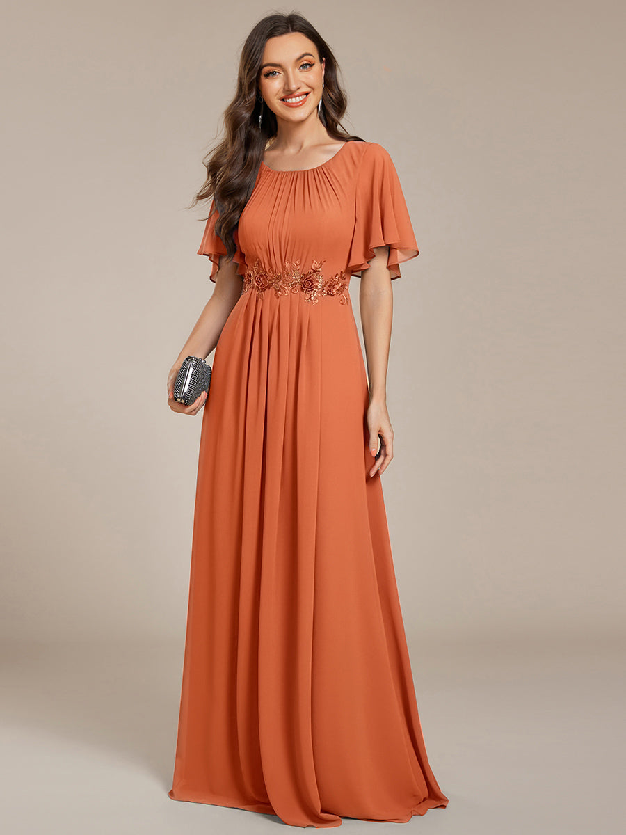ever ASPYN|Short Sleeve Pleated Applique A-Line Floor-Length Formal Evening Dress