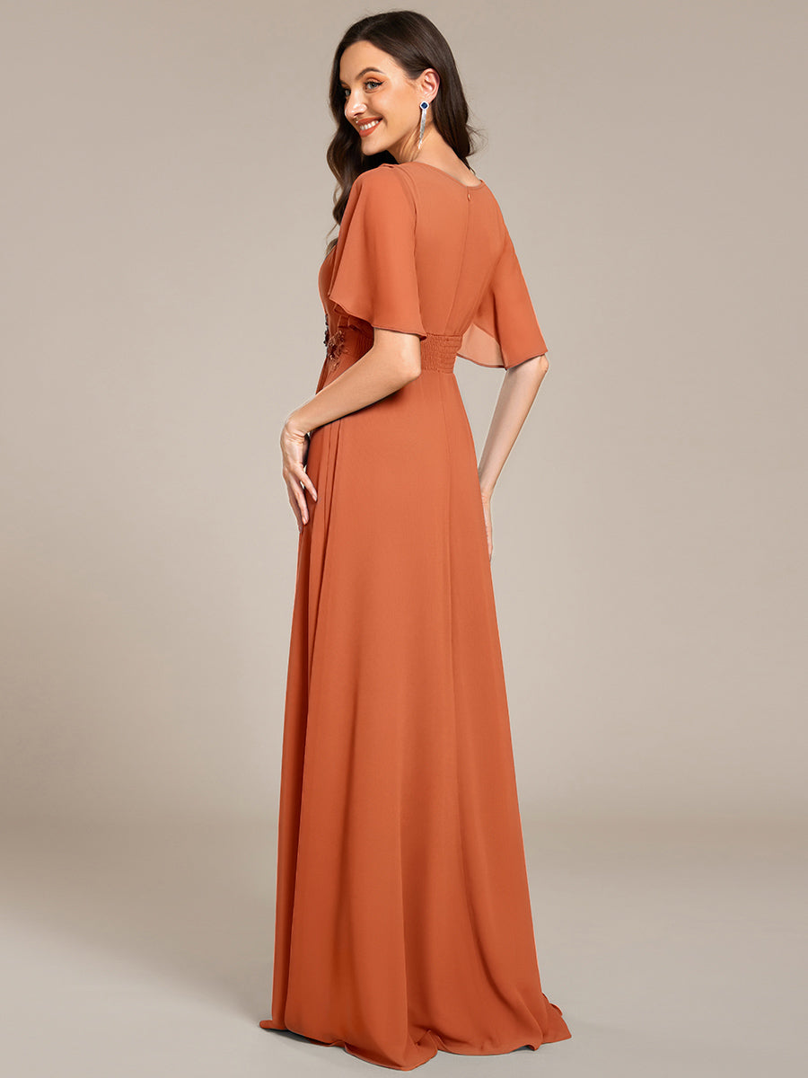 ever ASPYN|Short Sleeve Pleated Applique A-Line Floor-Length Formal Evening Dress
