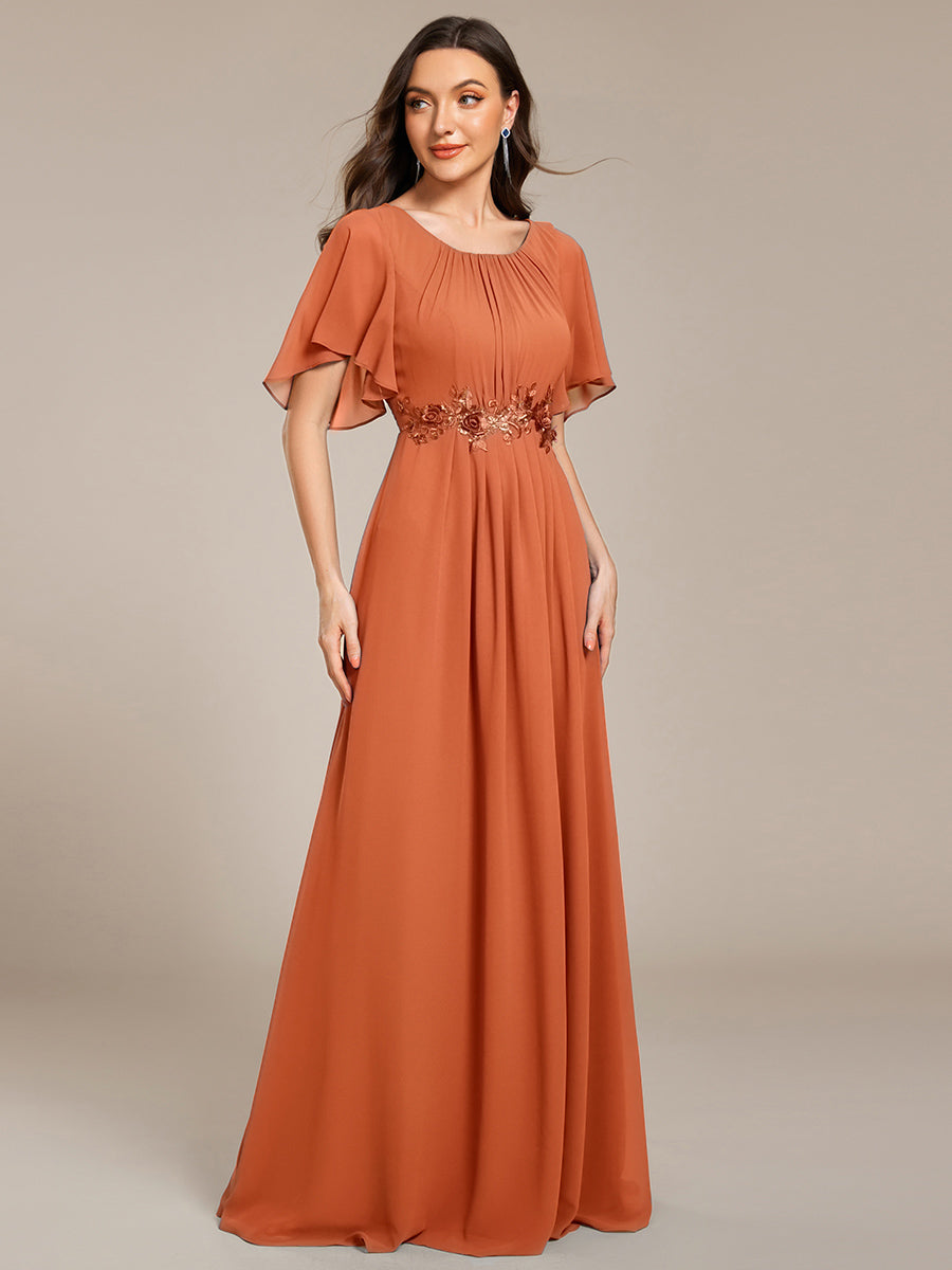 ever ASPYN|Short Sleeve Pleated Applique A-Line Floor-Length Formal Evening Dress