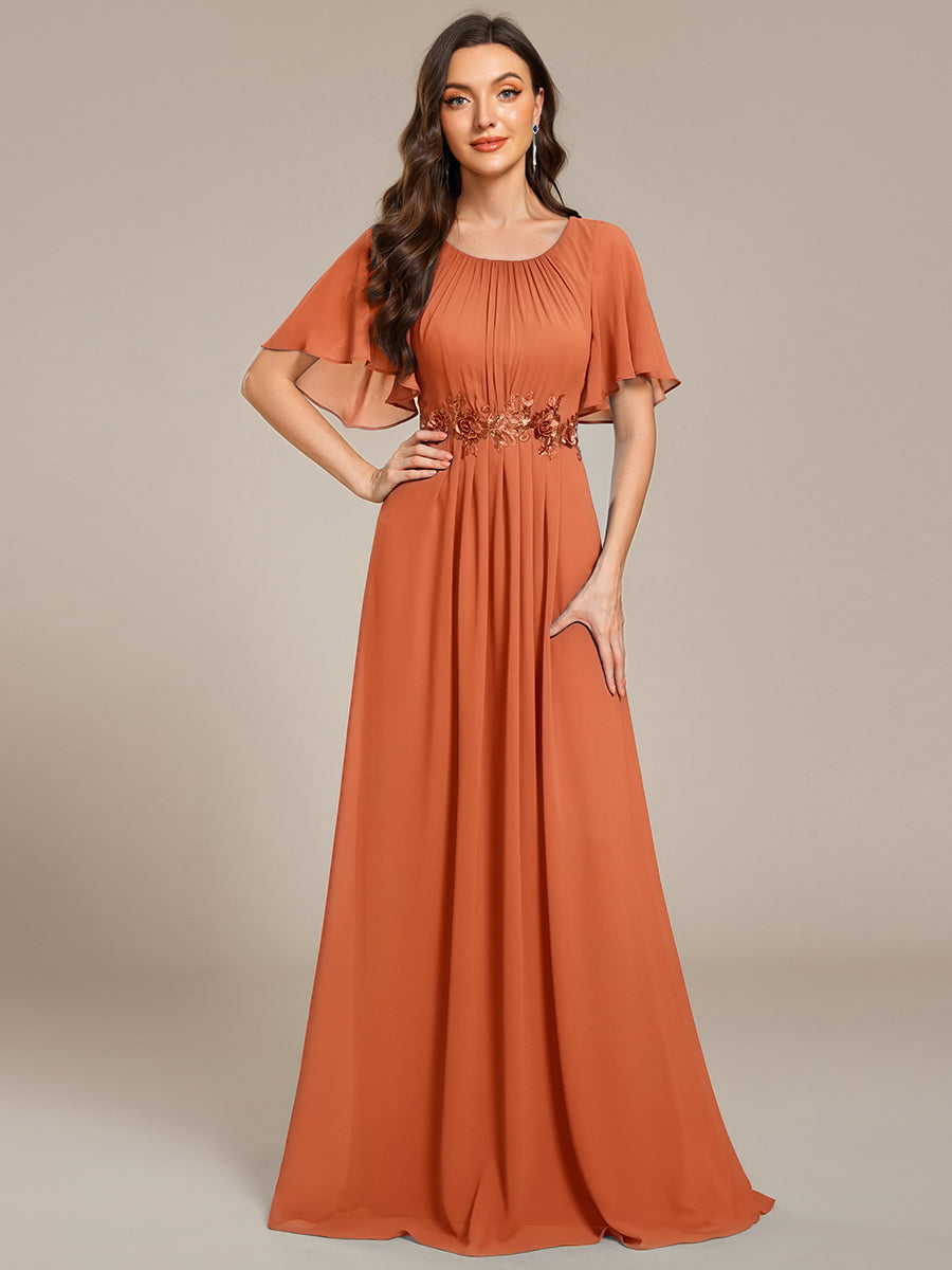 ever ASPYN|Short Sleeve Pleated Applique A-Line Floor-Length Formal Evening Dress