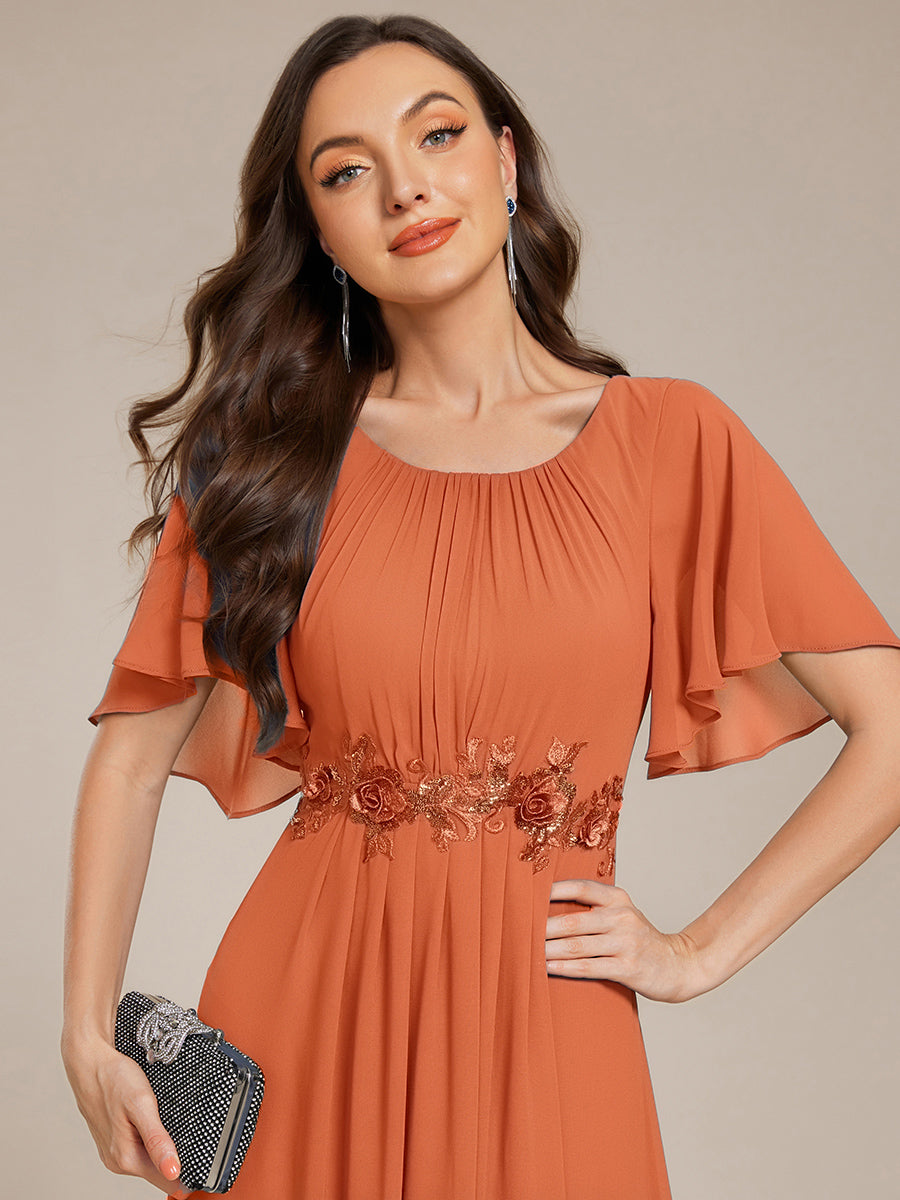 ever ASPYN|Short Sleeve Pleated Applique A-Line Floor-Length Formal Evening Dress
