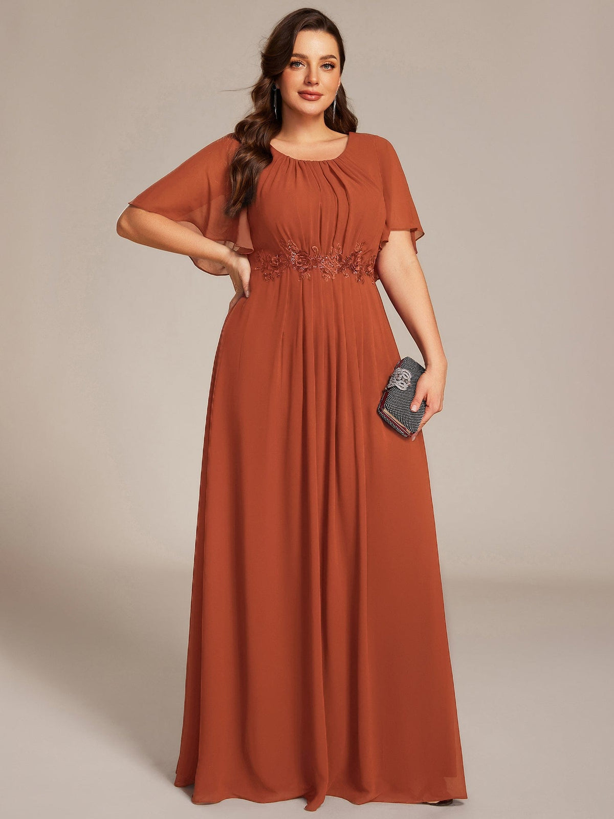 ever ASPYN|Short Sleeve Pleated Applique A-Line Floor-Length Formal Evening Dress