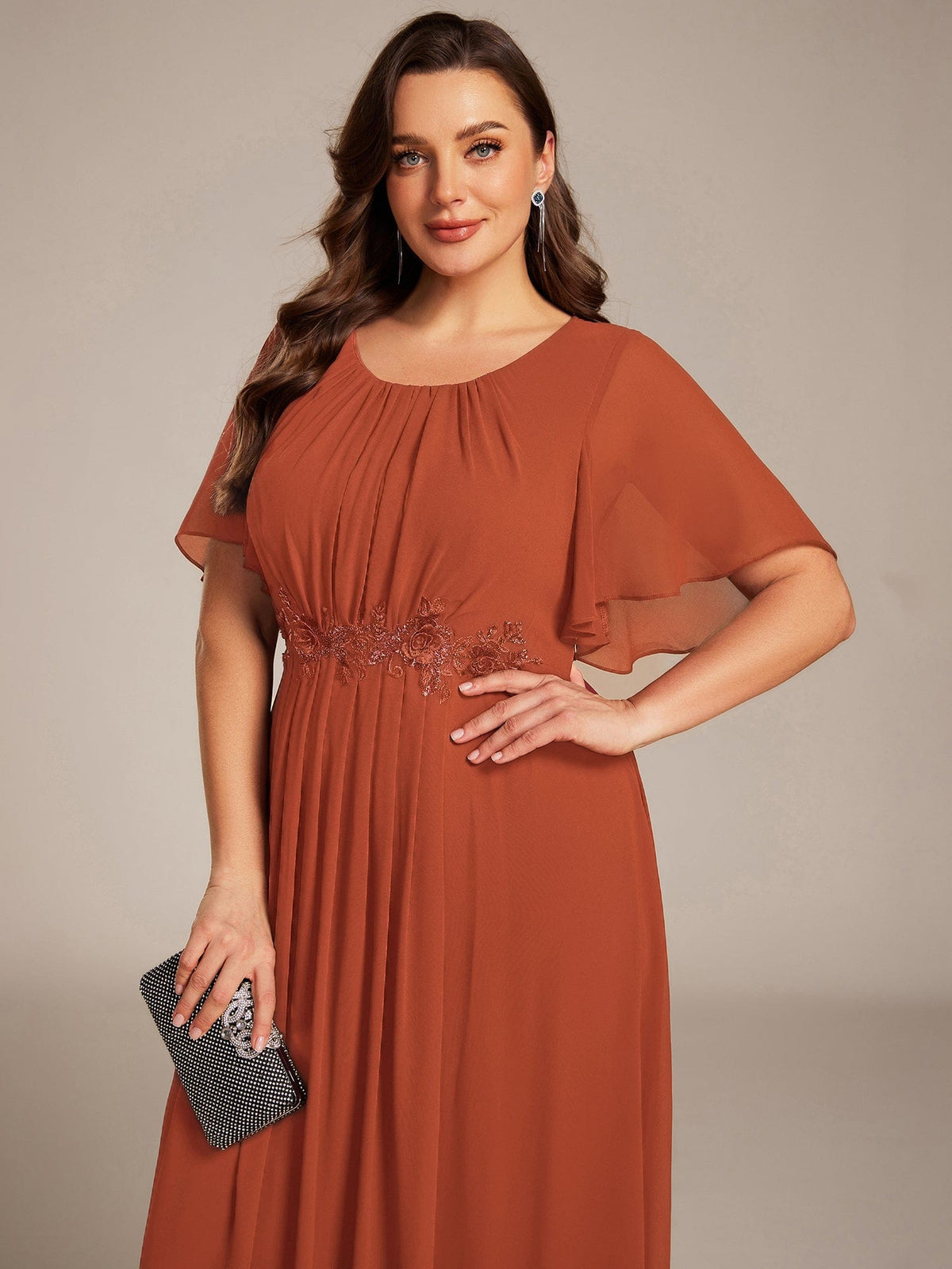 ever ASPYN|Short Sleeve Pleated Applique A-Line Floor-Length Formal Evening Dress