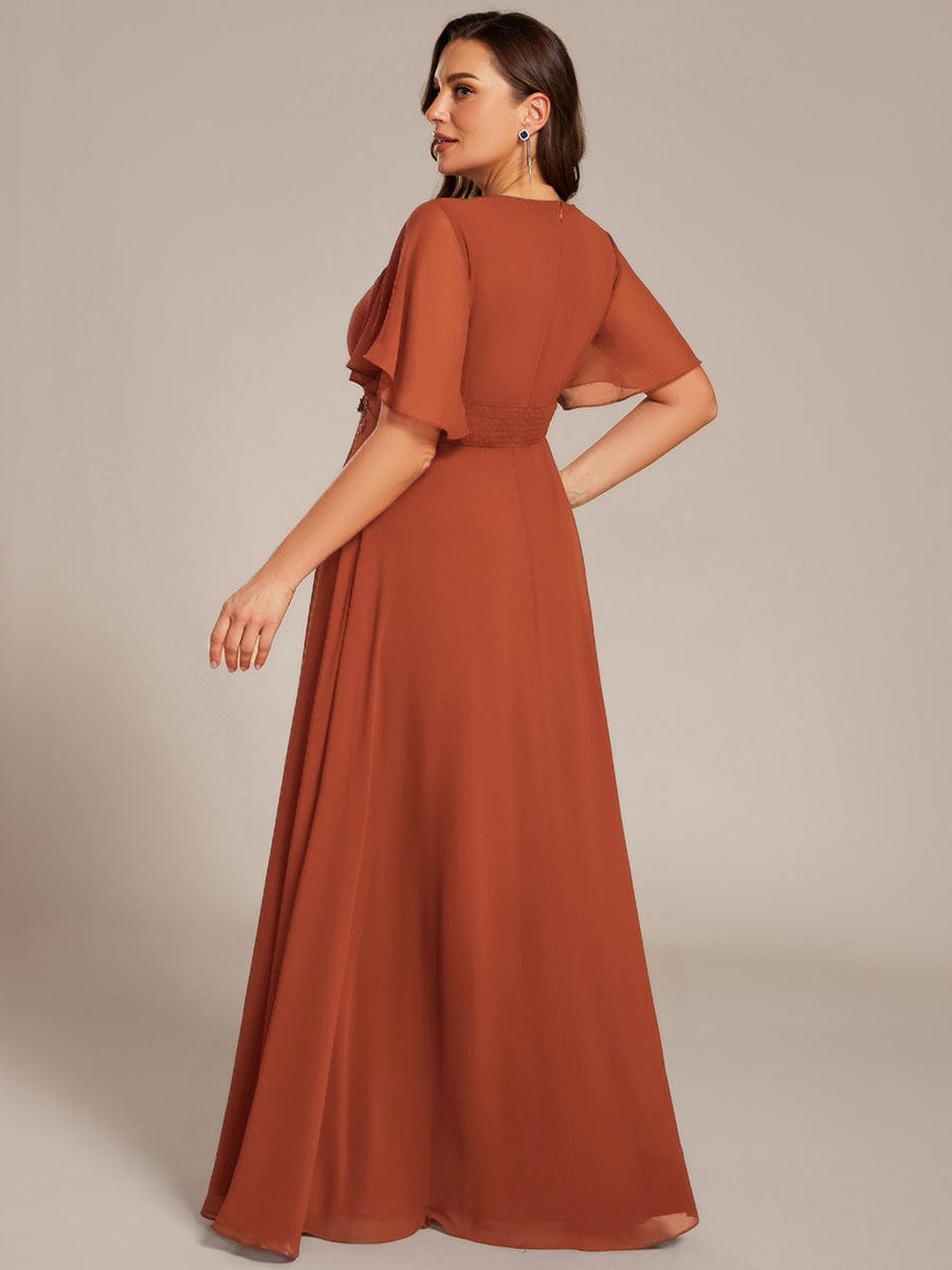 ever ASPYN|Short Sleeve Pleated Applique A-Line Floor-Length Formal Evening Dress