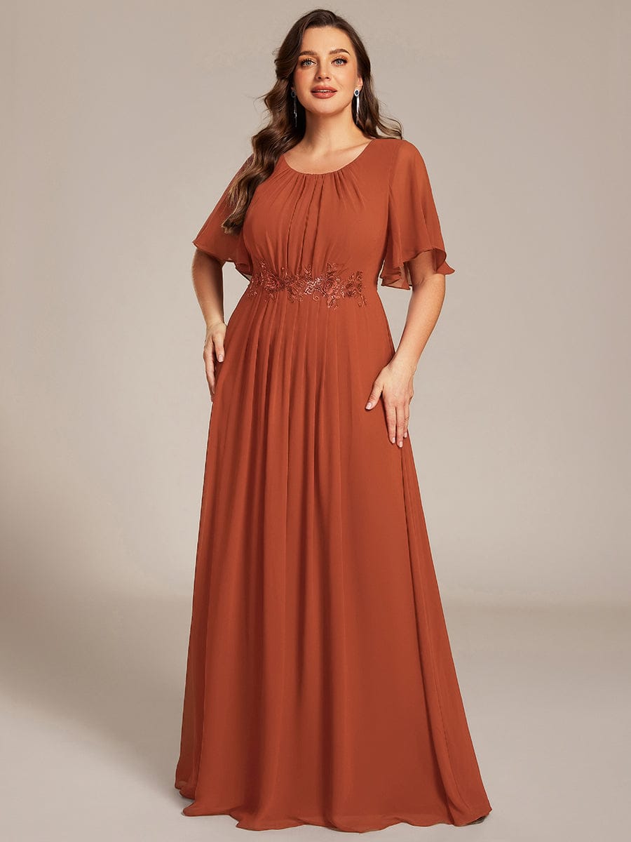 ever ASPYN|Short Sleeve Pleated Applique A-Line Floor-Length Formal Evening Dress