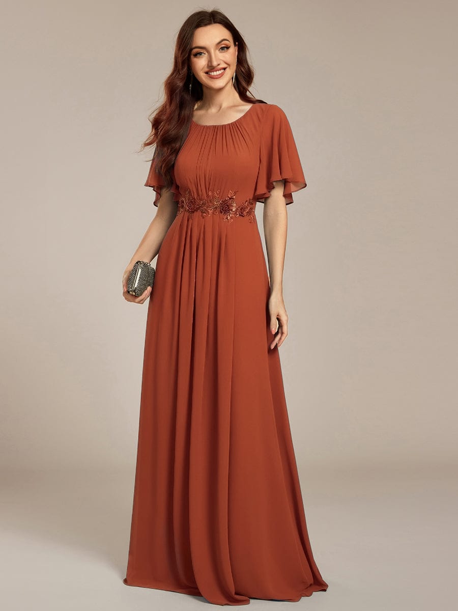 ever ASPYN|Short Sleeve Pleated Applique A-Line Floor-Length Formal Evening Dress