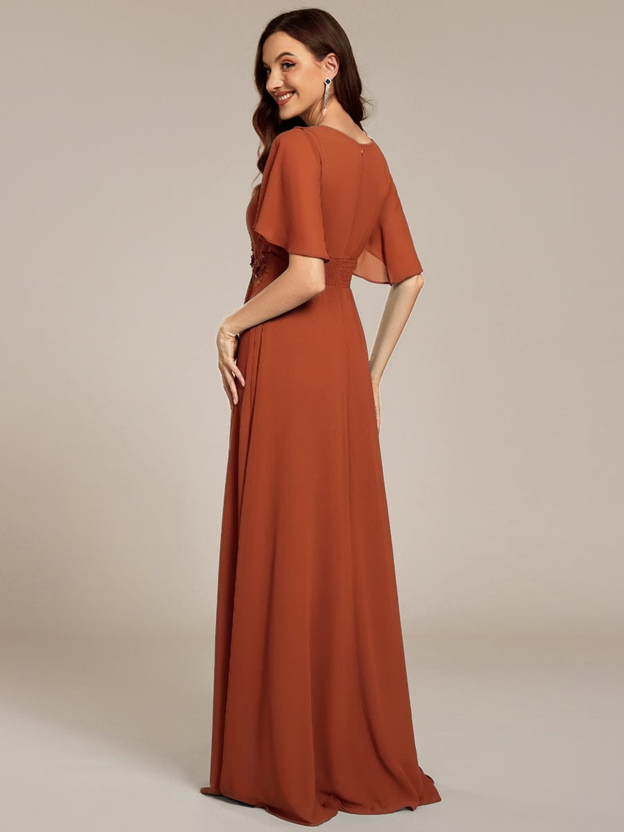 ever ASPYN|Short Sleeve Pleated Applique A-Line Floor-Length Formal Evening Dress