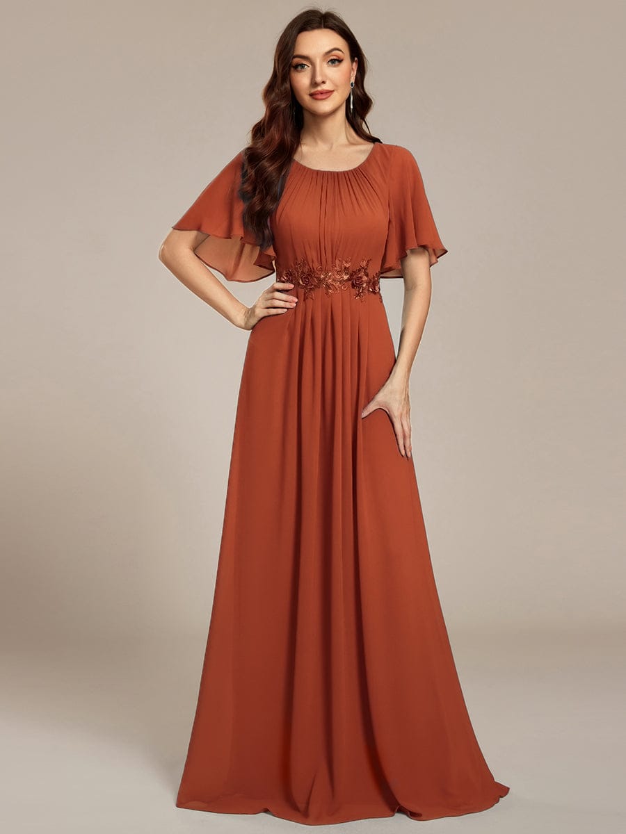 ever ASPYN|Short Sleeve Pleated Applique A-Line Floor-Length Formal Evening Dress