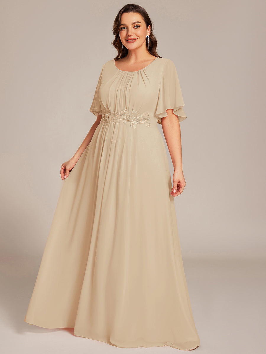 ever ASPYN|Short Sleeve Pleated Applique A-Line Floor-Length Formal Evening Dress