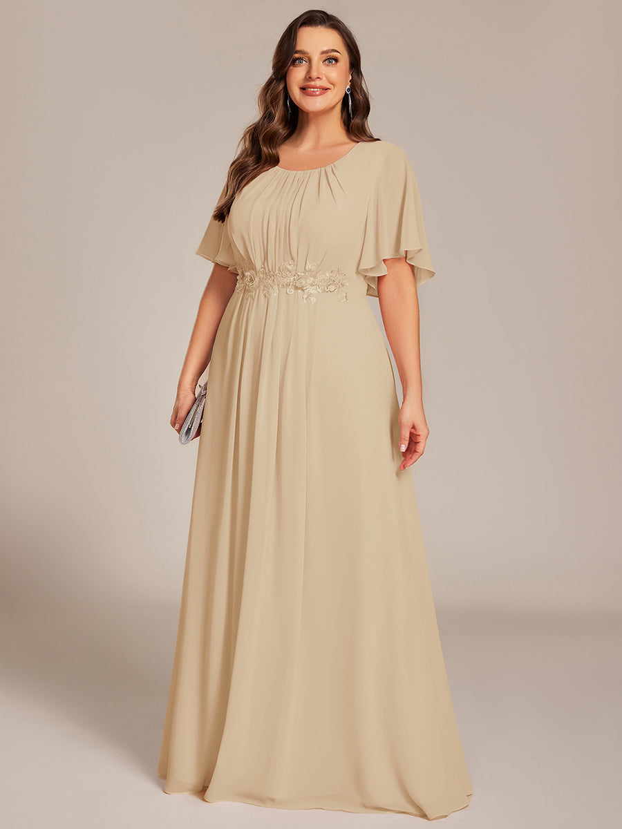 ever ASPYN|Short Sleeve Pleated Applique A-Line Floor-Length Formal Evening Dress