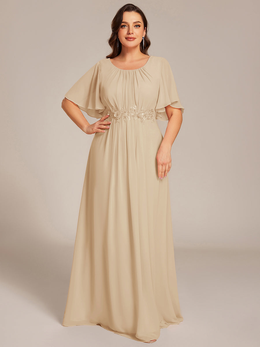 ever ASPYN|Short Sleeve Pleated Applique A-Line Floor-Length Formal Evening Dress