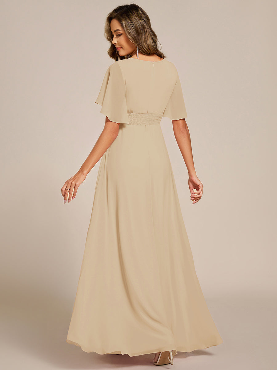 ever ASPYN|Short Sleeve Pleated Applique A-Line Floor-Length Formal Evening Dress