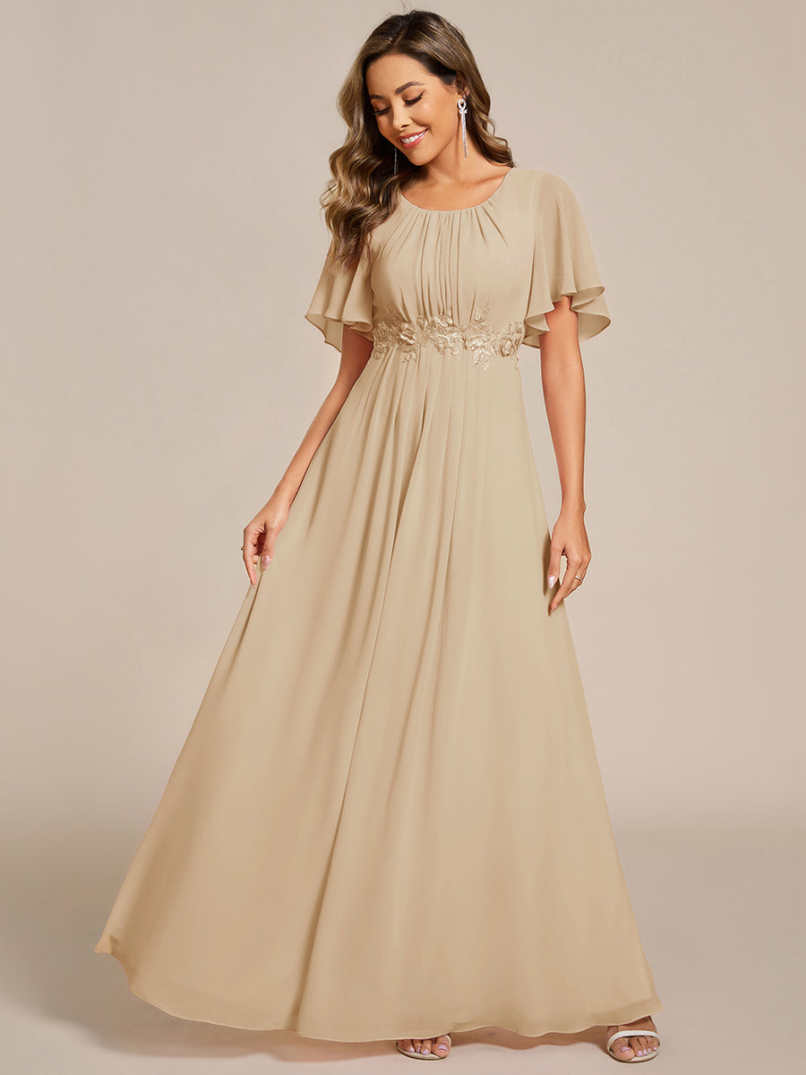 ever ASPYN|Short Sleeve Pleated Applique A-Line Floor-Length Formal Evening Dress