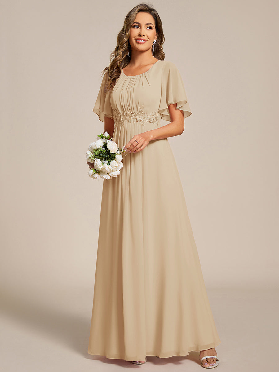 ever ASPYN|Short Sleeve Pleated Applique A-Line Floor-Length Formal Evening Dress