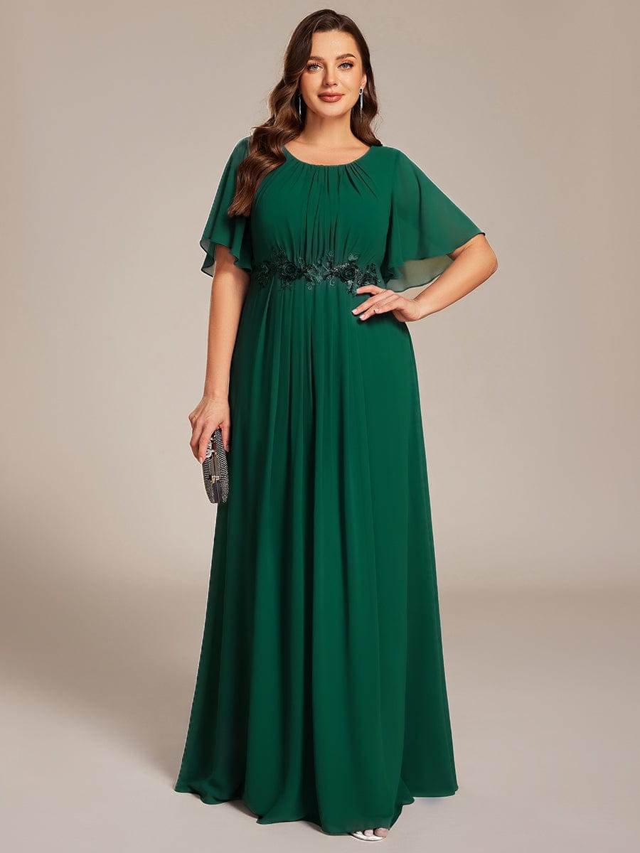 ever ASPYN|Short Sleeve Pleated Applique A-Line Floor-Length Formal Evening Dress