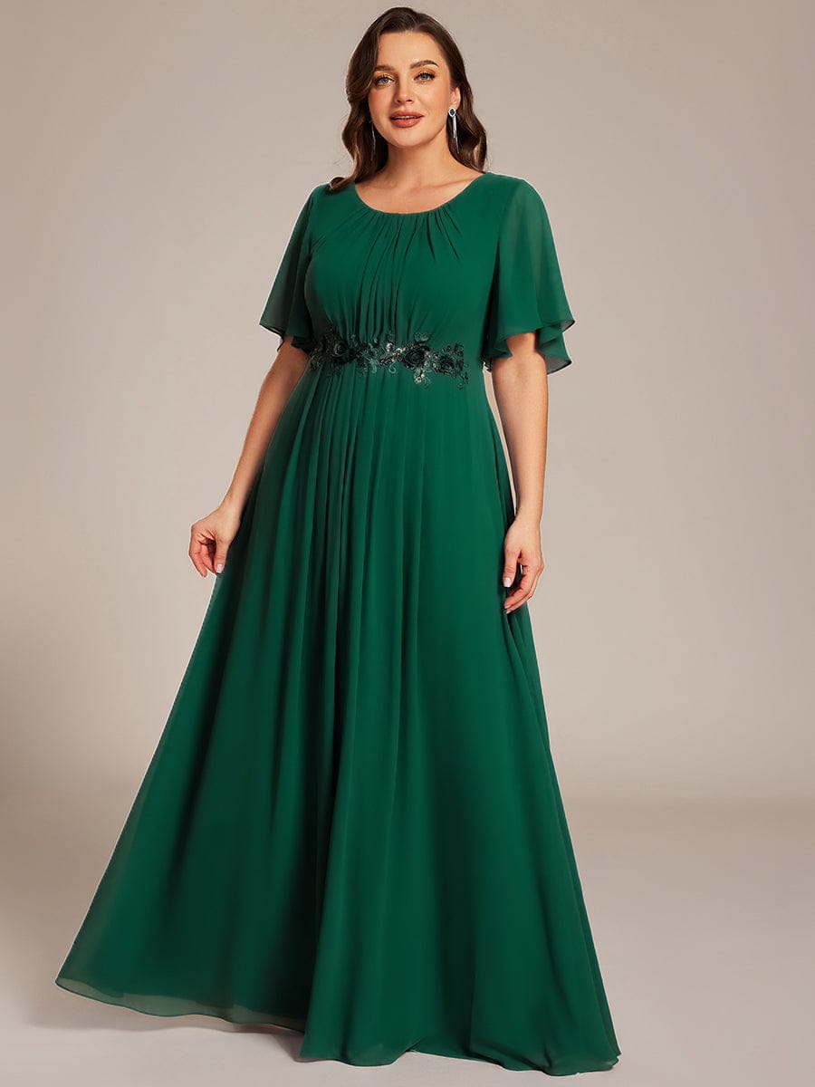 ever ASPYN|Short Sleeve Pleated Applique A-Line Floor-Length Formal Evening Dress