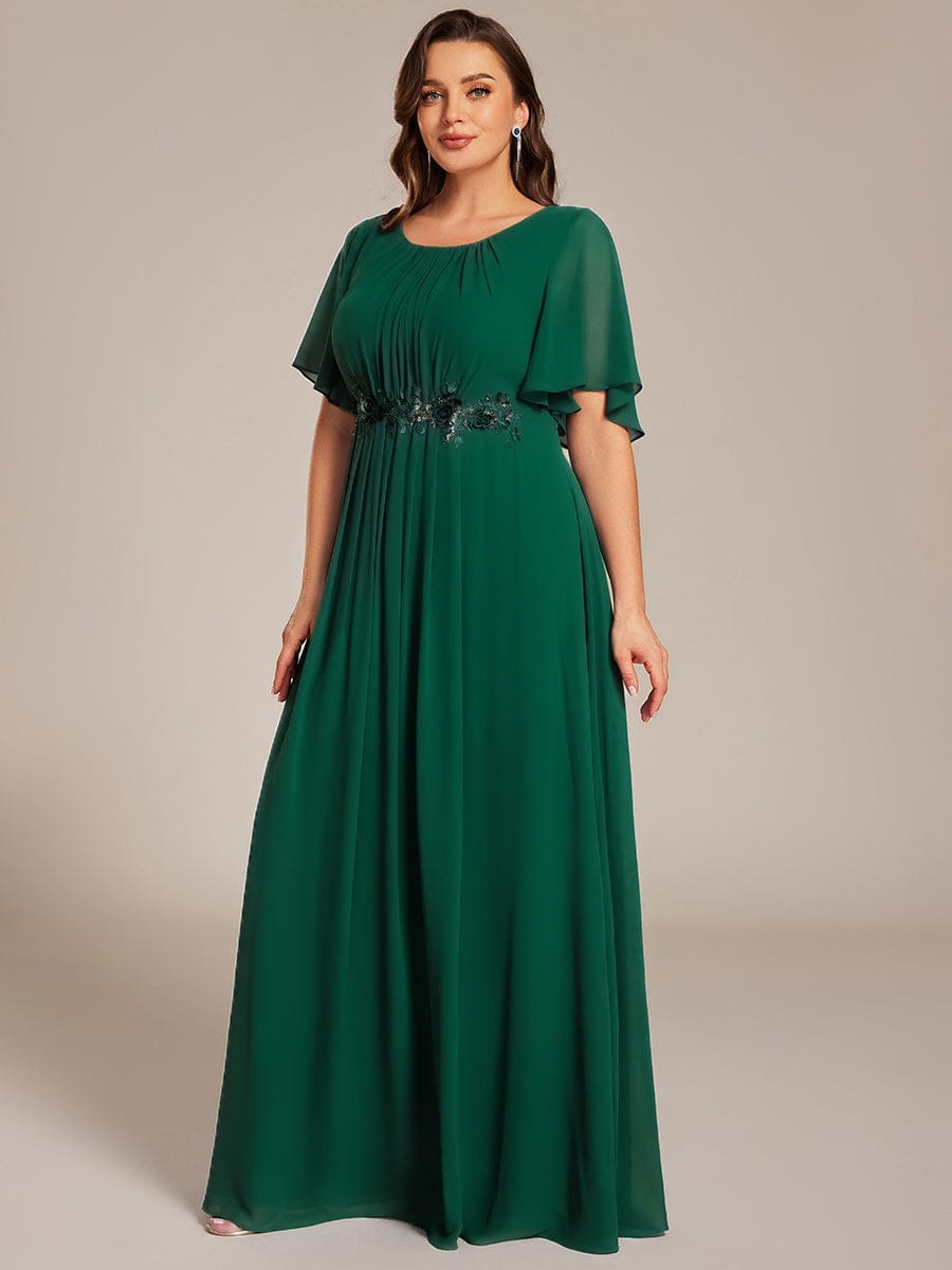 ever ASPYN|Short Sleeve Pleated Applique A-Line Floor-Length Formal Evening Dress