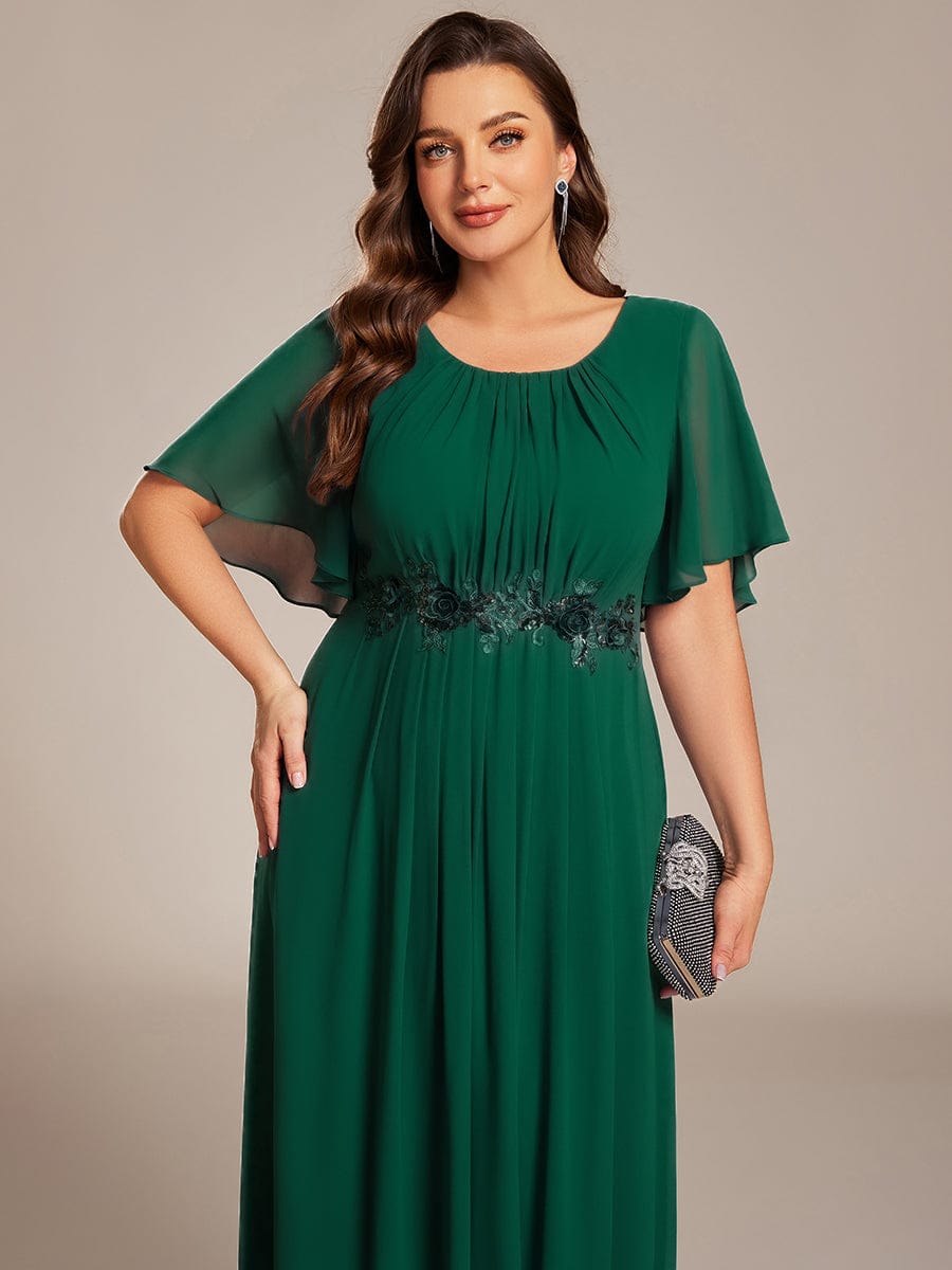 ever ASPYN|Short Sleeve Pleated Applique A-Line Floor-Length Formal Evening Dress