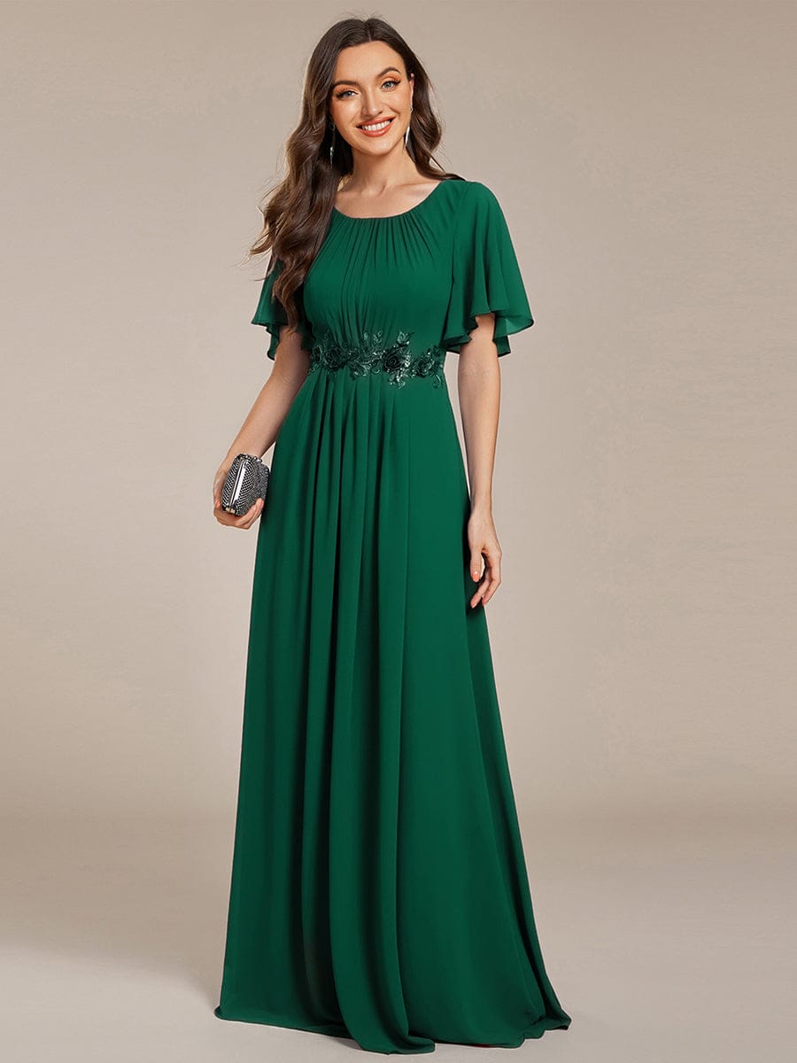 ever ASPYN|Short Sleeve Pleated Applique A-Line Floor-Length Formal Evening Dress