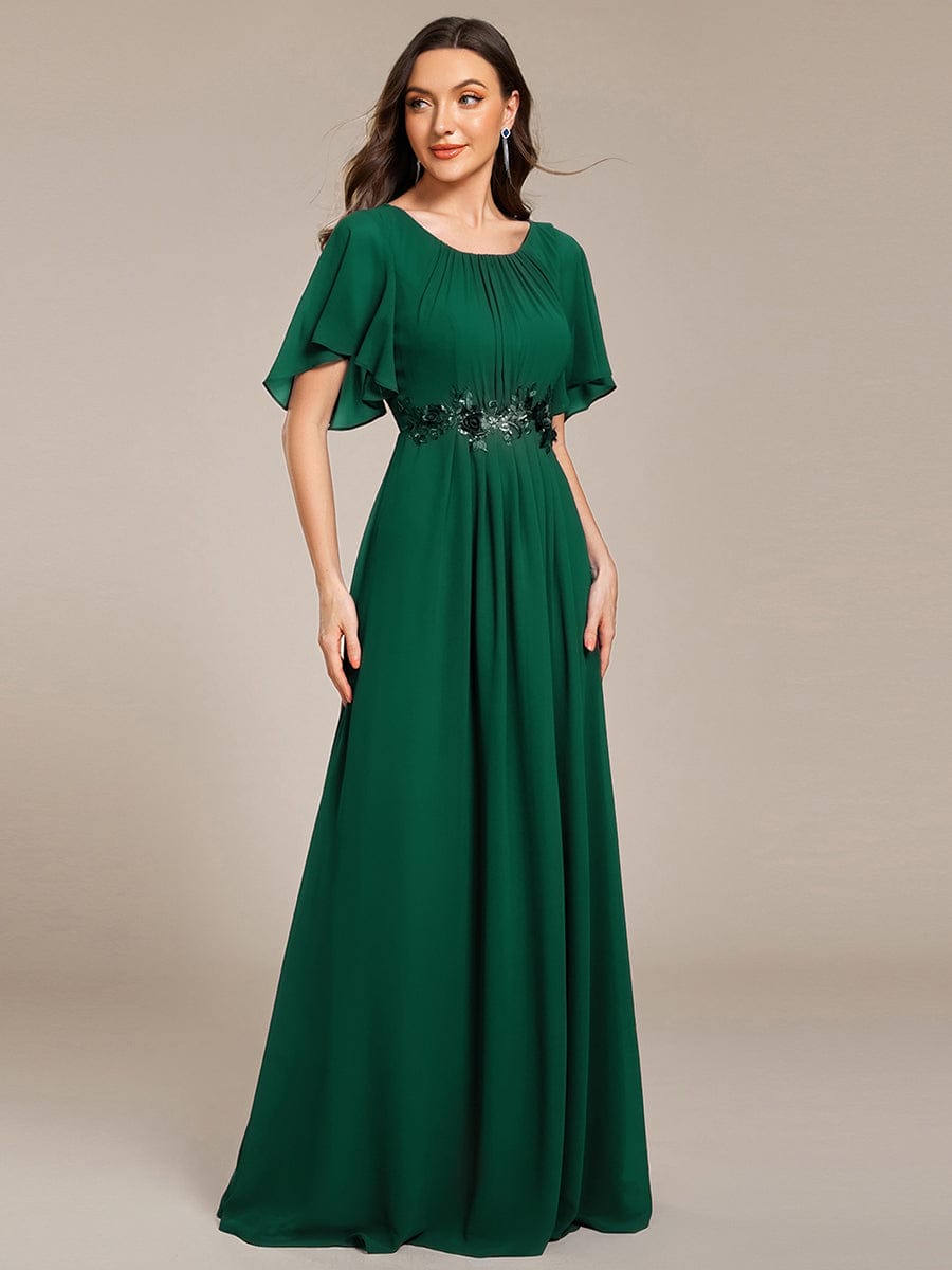 ever ASPYN|Short Sleeve Pleated Applique A-Line Floor-Length Formal Evening Dress