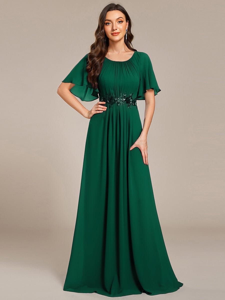 ever ASPYN|Short Sleeve Pleated Applique A-Line Floor-Length Formal Evening Dress