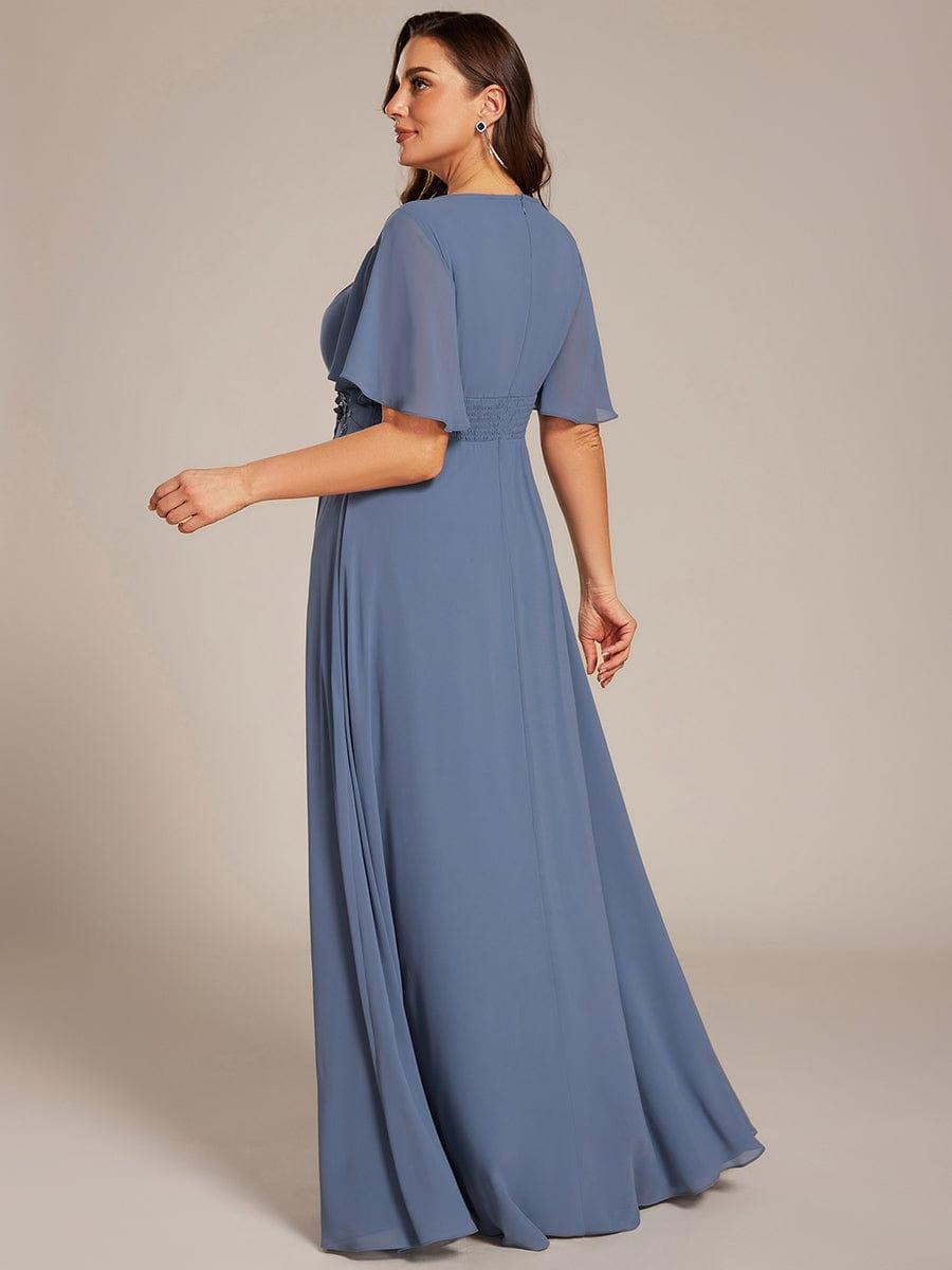 ever ASPYN|Short Sleeve Pleated Applique A-Line Floor-Length Formal Evening Dress