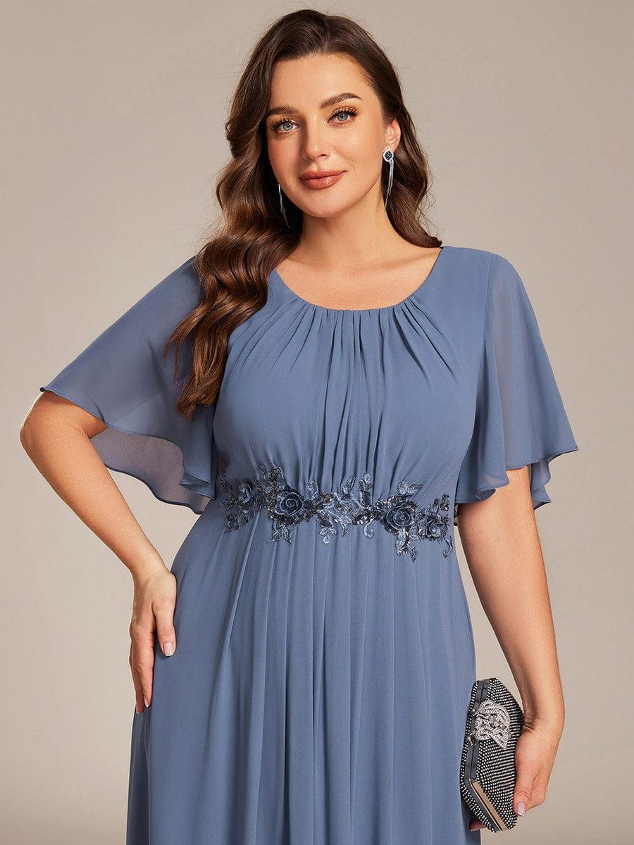 ever ASPYN|Short Sleeve Pleated Applique A-Line Floor-Length Formal Evening Dress