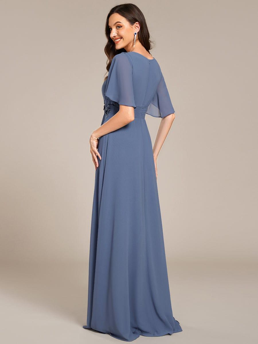 ever ASPYN|Short Sleeve Pleated Applique A-Line Floor-Length Formal Evening Dress