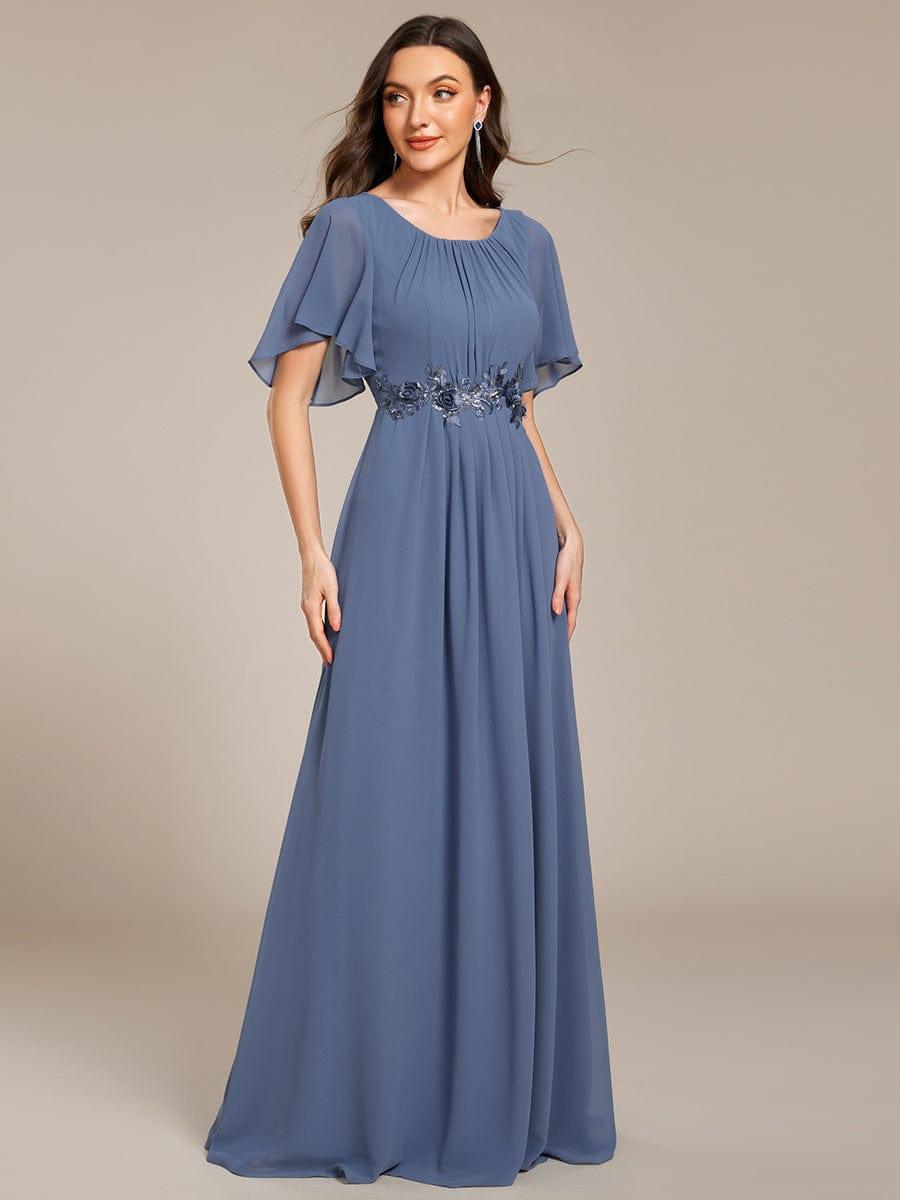 ever ASPYN|Short Sleeve Pleated Applique A-Line Floor-Length Formal Evening Dress