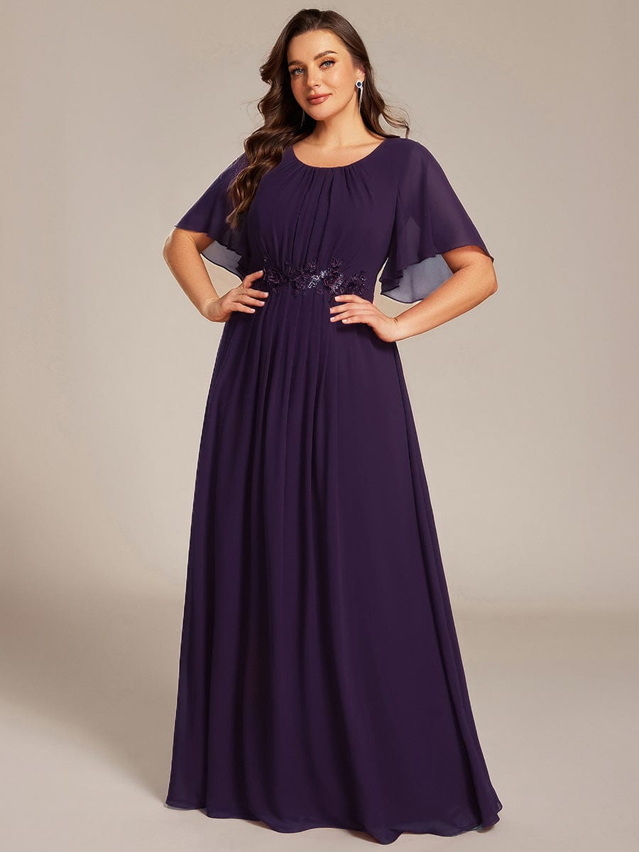 ever ASPYN|Short Sleeve Pleated Applique A-Line Floor-Length Formal Evening Dress
