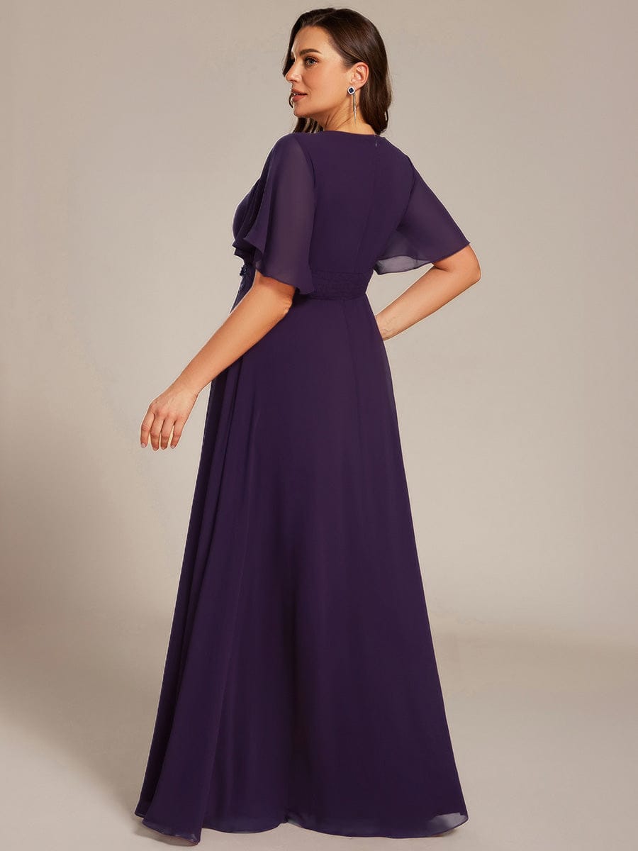 ever ASPYN|Short Sleeve Pleated Applique A-Line Floor-Length Formal Evening Dress