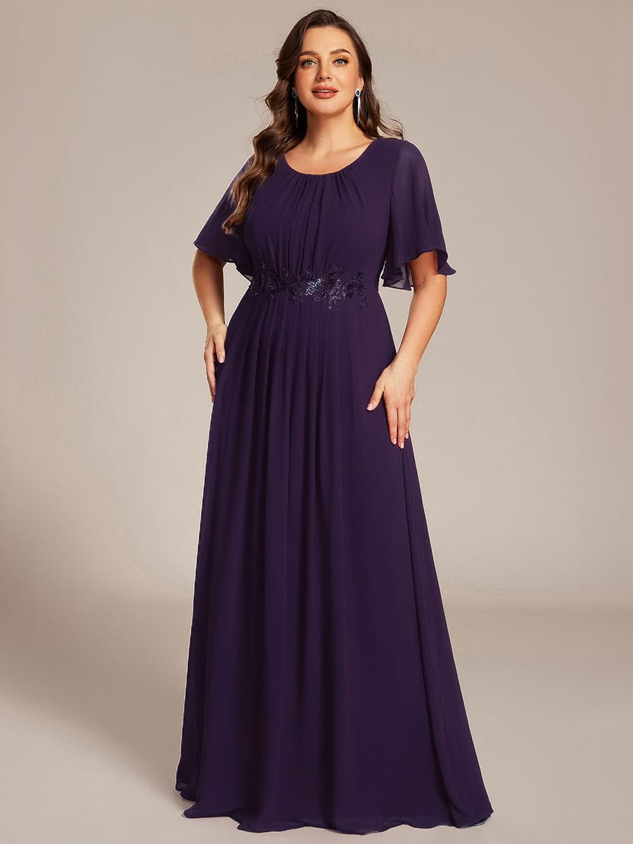 ever ASPYN|Short Sleeve Pleated Applique A-Line Floor-Length Formal Evening Dress