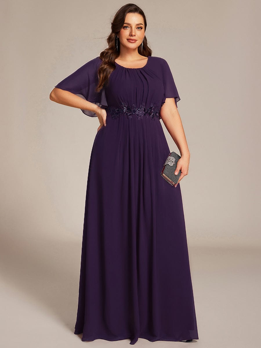 ever ASPYN|Short Sleeve Pleated Applique A-Line Floor-Length Formal Evening Dress