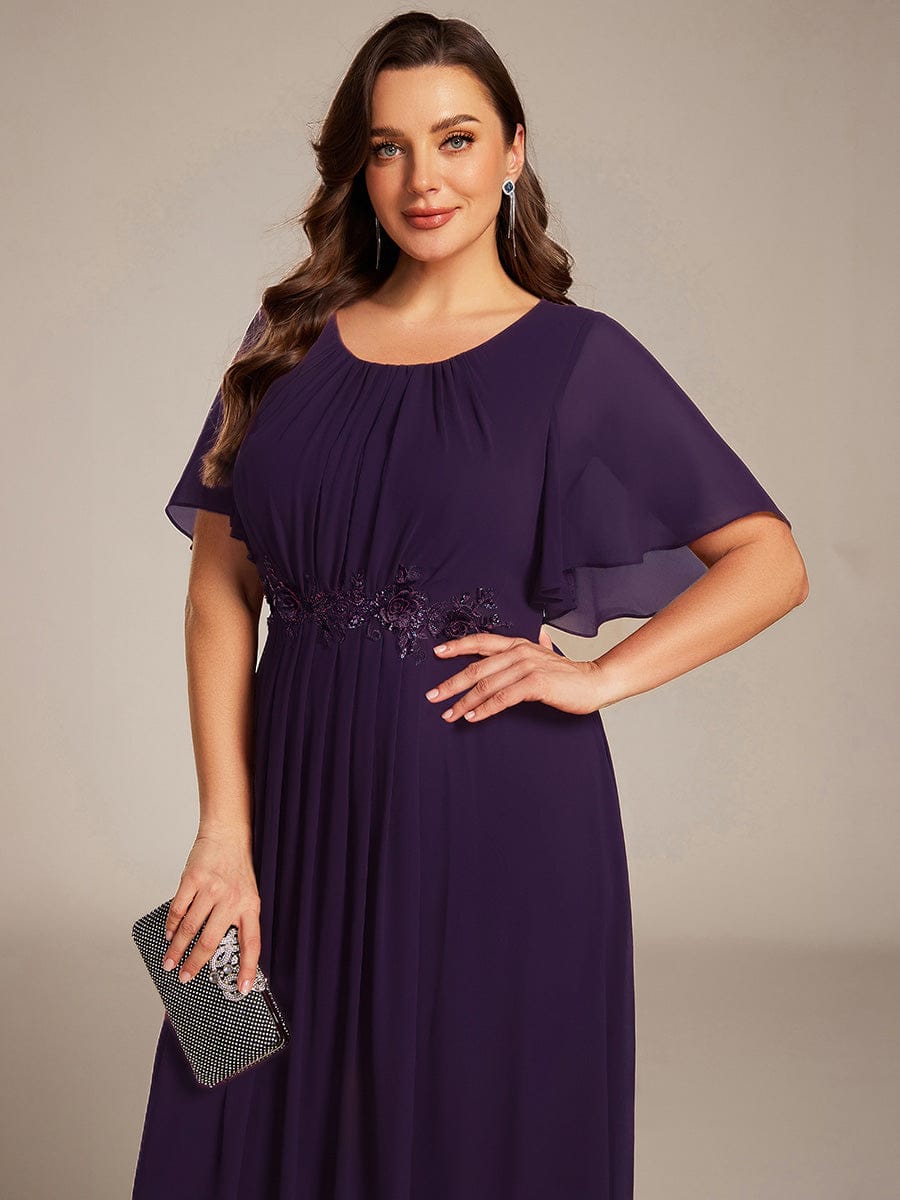 ever ASPYN|Short Sleeve Pleated Applique A-Line Floor-Length Formal Evening Dress