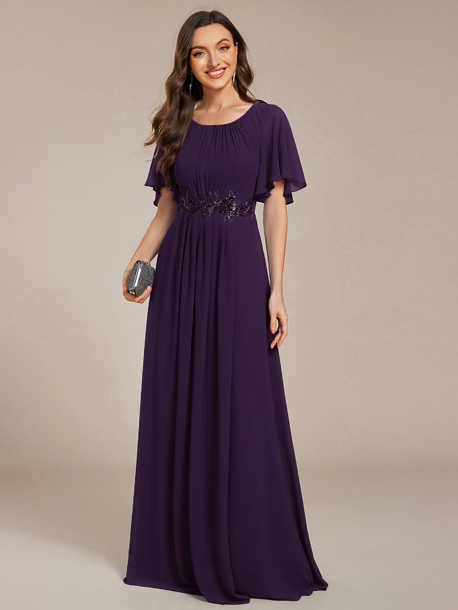 ever ASPYN|Short Sleeve Pleated Applique A-Line Floor-Length Formal Evening Dress