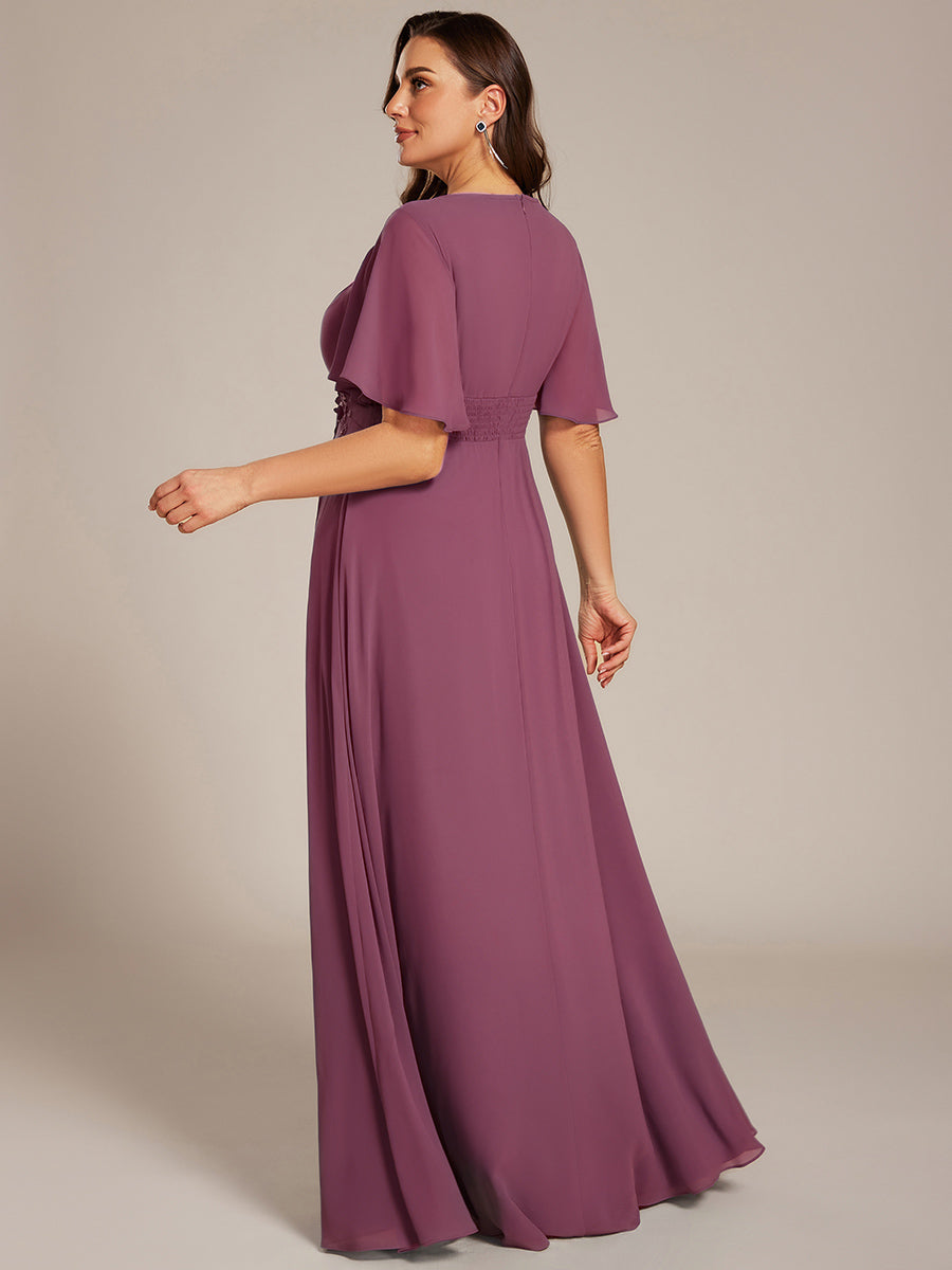 ever ASPYN|Short Sleeve Pleated Applique A-Line Floor-Length Formal Evening Dress