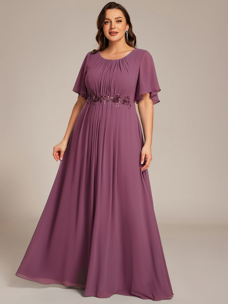 ever ASPYN|Short Sleeve Pleated Applique A-Line Floor-Length Formal Evening Dress