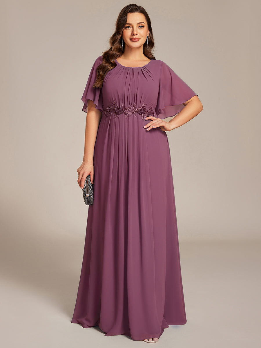ever ASPYN|Short Sleeve Pleated Applique A-Line Floor-Length Formal Evening Dress